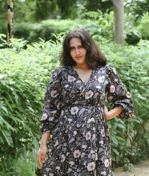 Hand Block Printed Black Floral Midi Dress