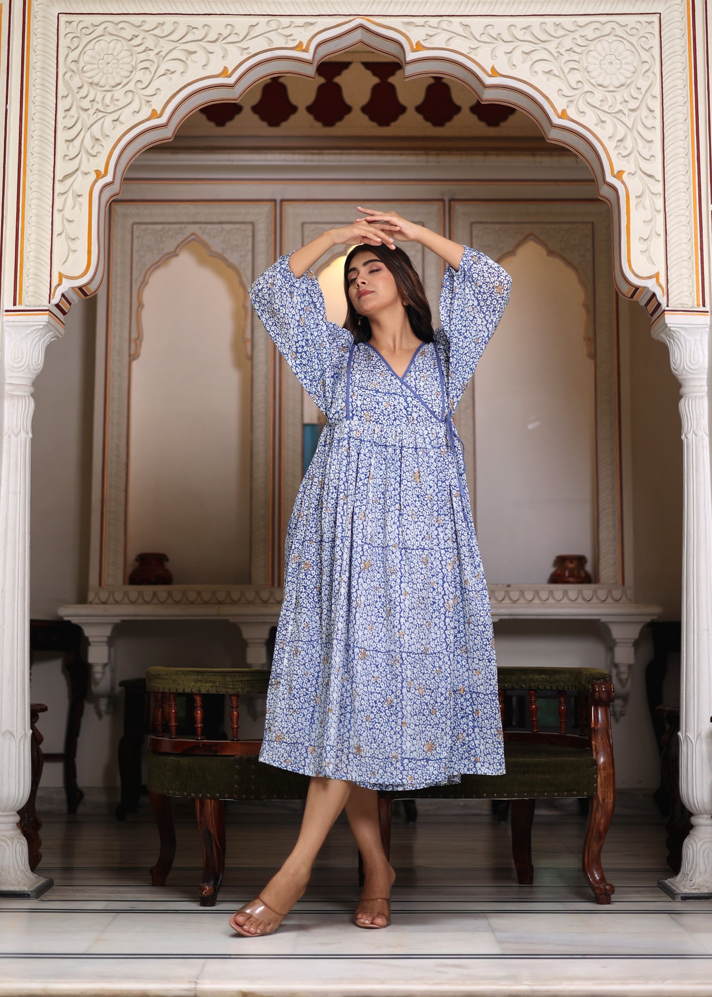 Wrap Around Hand Block Printed Gathered V Neck Lilac Cotton Handmade Tie Midi Dress