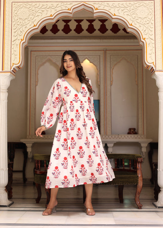Hand Block Printed White Red Cassie Midi Dress
