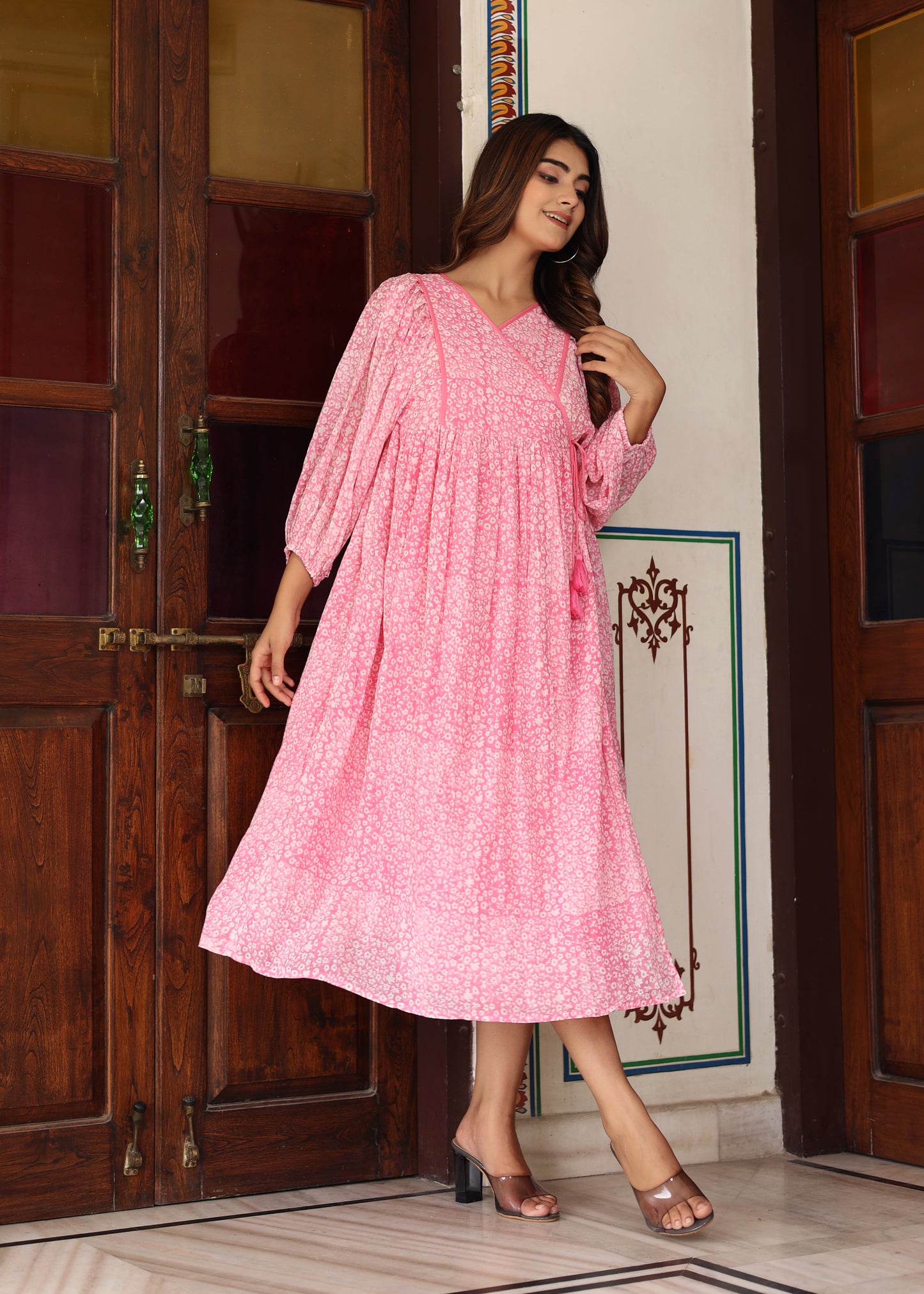 Wrap Around Hand Block Printed Gathered V Neck Lilac Cotton Handmade Tie Midi Dress