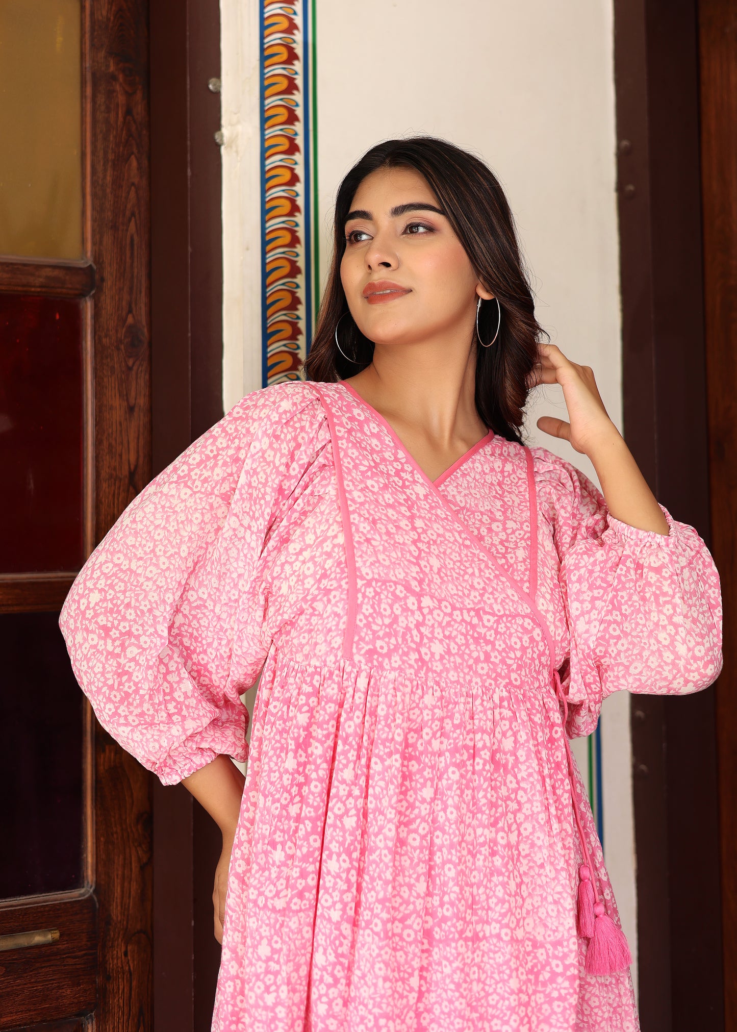 Wrap Around Hand Block Printed Gathered V Neck Lilac Cotton Handmade Tie Midi Dress