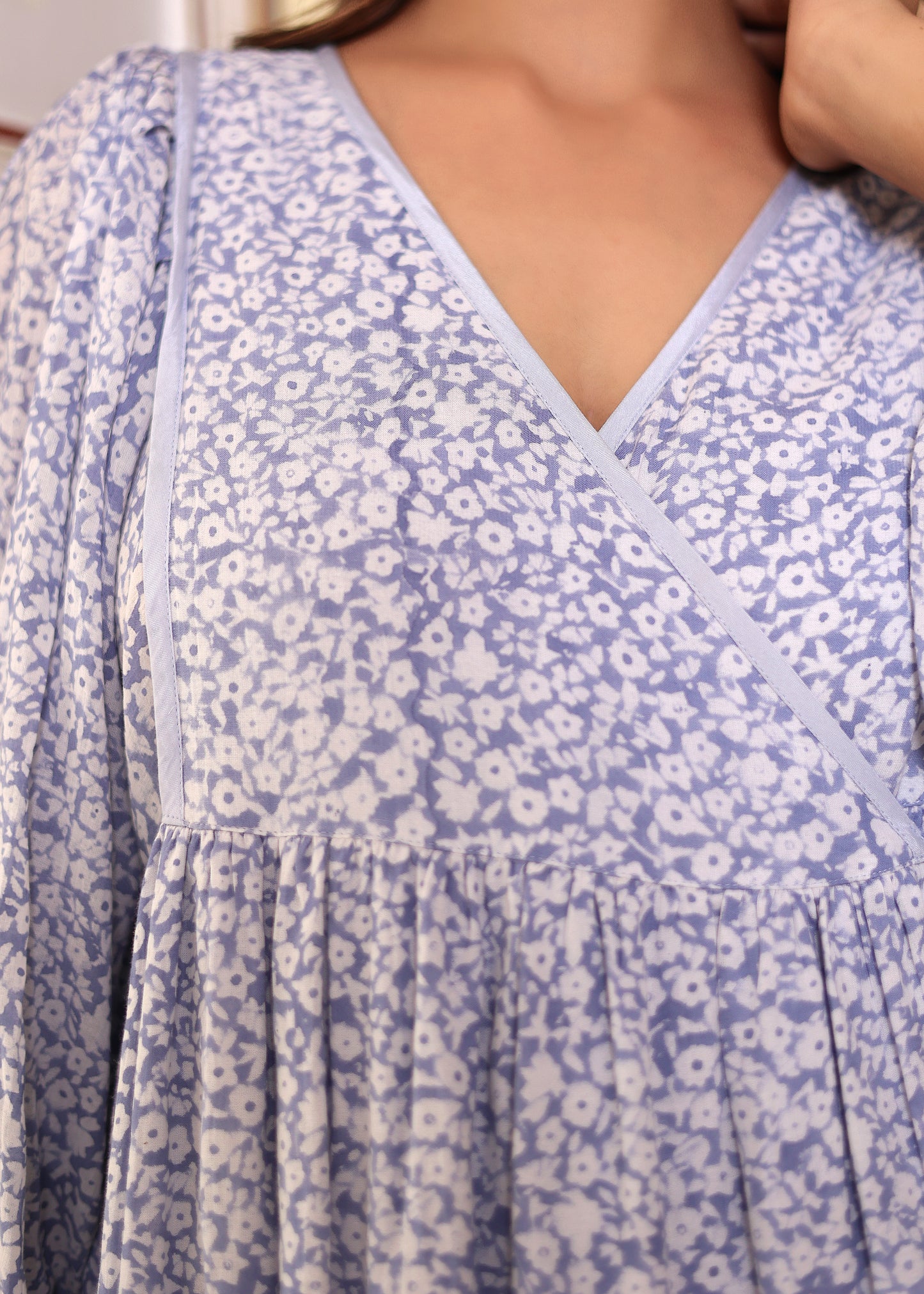 Wrap Around Hand Block Printed Gathered V Neck Lilac Cotton Handmade Tie Midi Dress