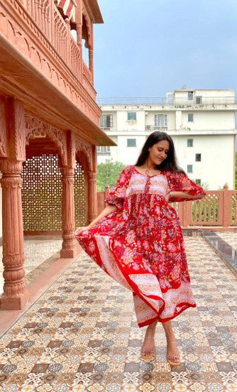 Hand Block Printed Floral Red Freya Midi Dress