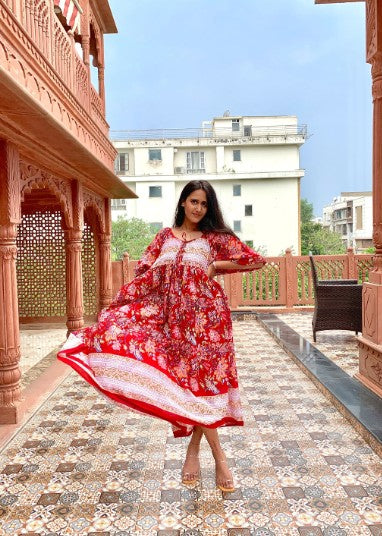 Hand Block Printed Floral Red Freya Midi Dress