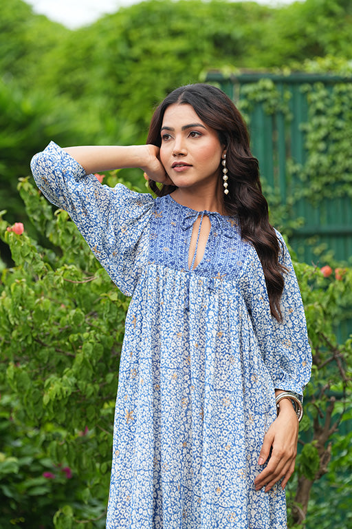 Hand Block Printed Gauri Midi~Mood Indigo Dress