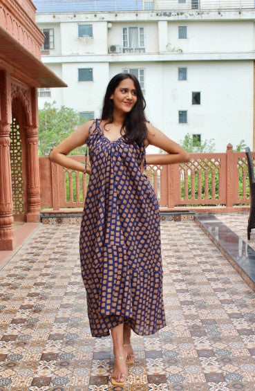 Hand Block Printed Cotton Summer Geometric Print Blue Midi Beach Dress