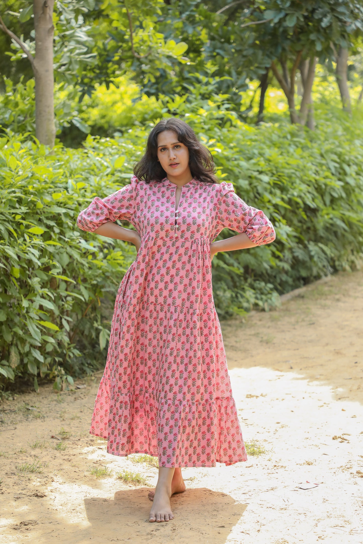Hand Block Pinkish Floral Printed Handmade Cotton Midi Dress