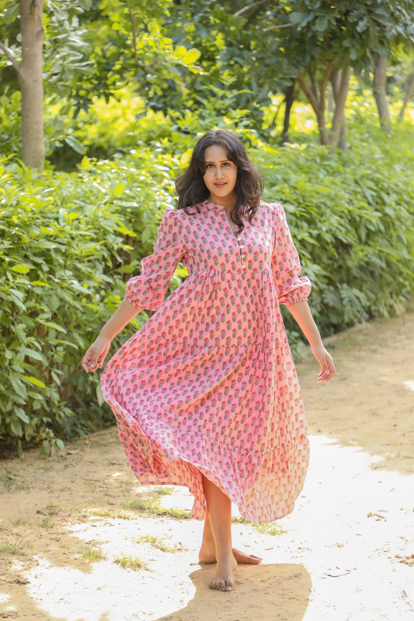 Hand Block Pinkish Floral Printed Handmade Cotton Midi Dress