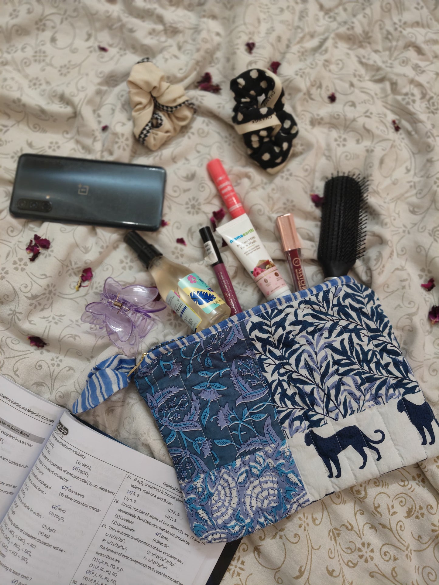 Hand Block Printed Quilted Hand Pouch Bag– Jungle Blue