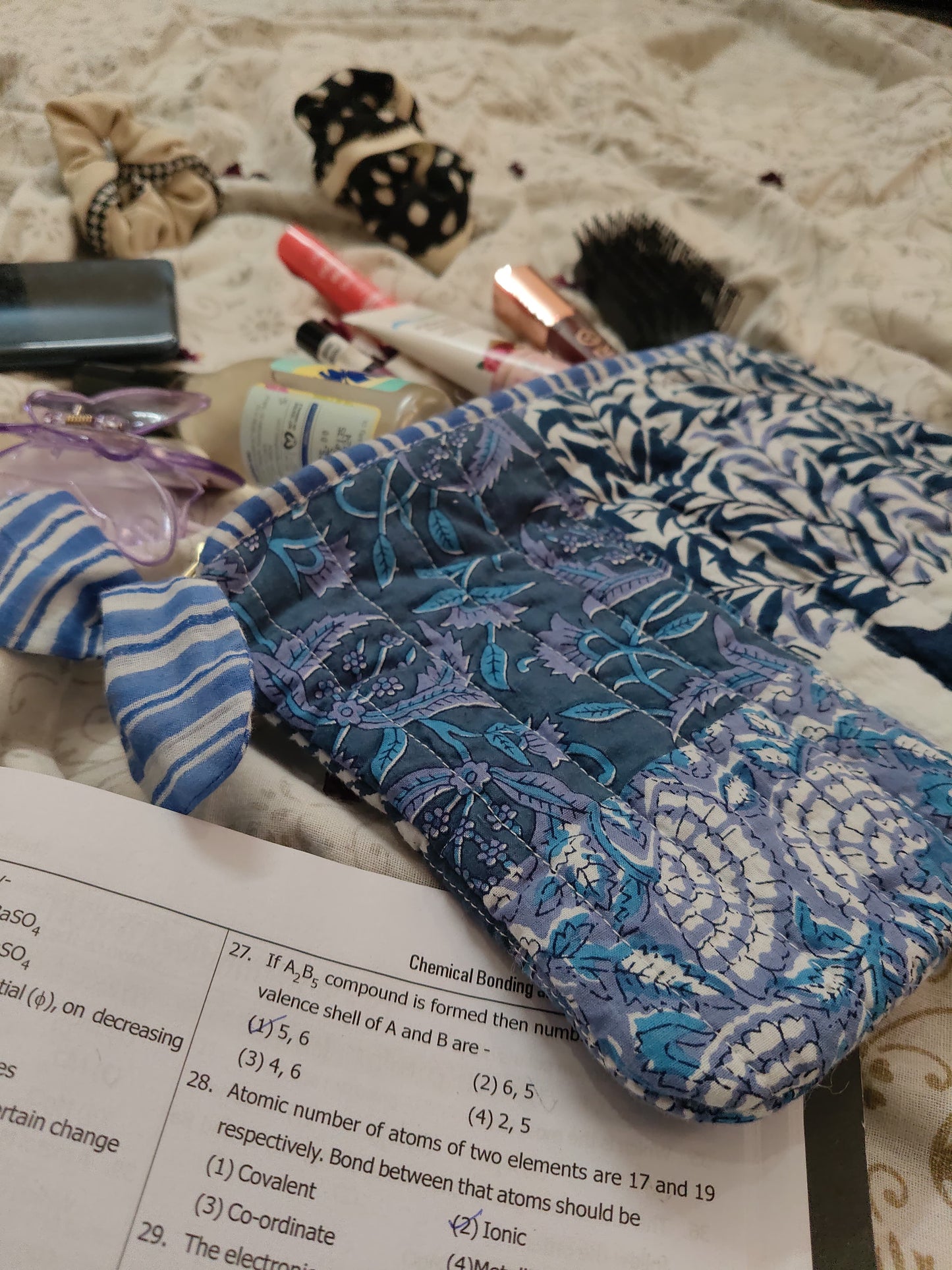 Hand Block Printed Quilted Hand Pouch Bag– Jungle Blue