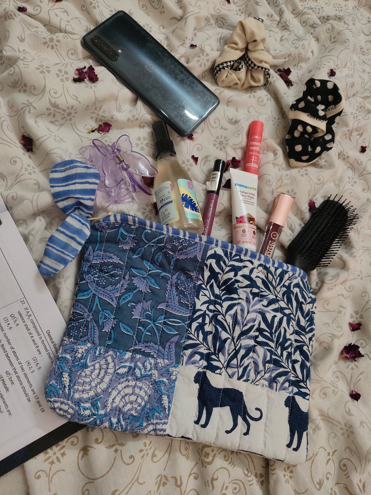 Hand Block Printed Quilted Hand Pouch Bag– Jungle Blue