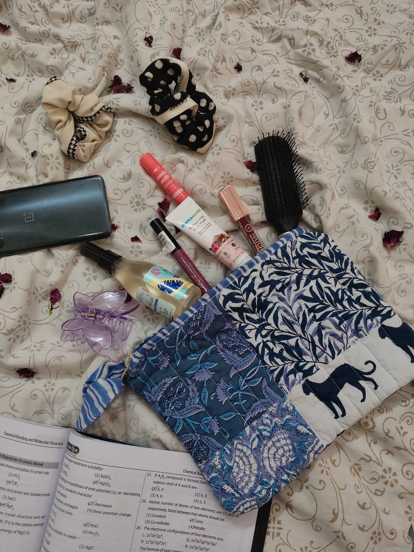 Hand Block Printed Quilted Hand Pouch Bag– Jungle Blue