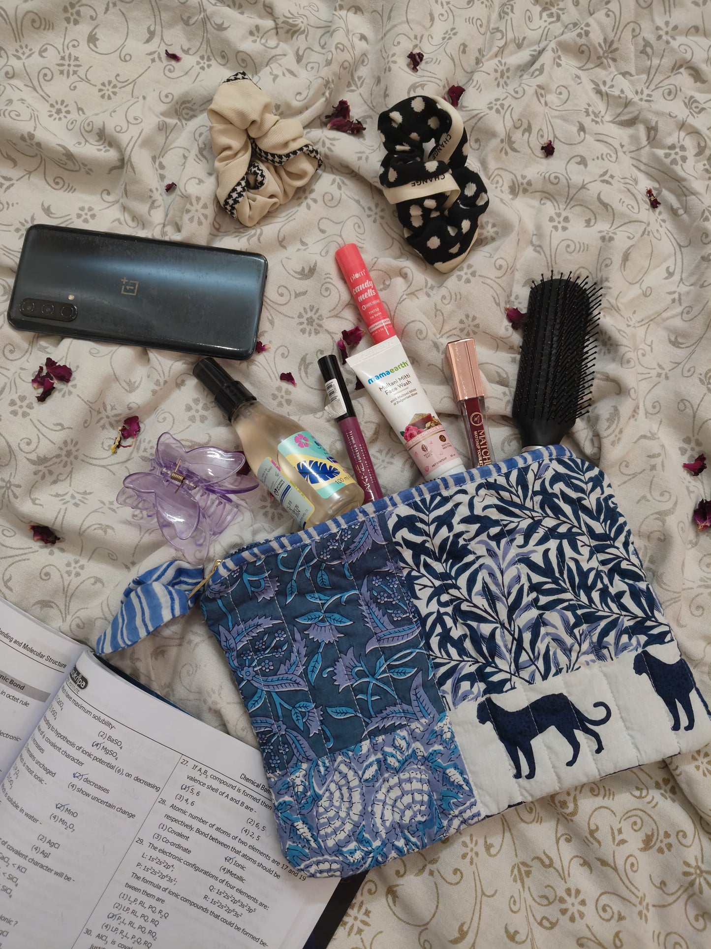 Hand Block Printed Quilted Hand Pouch Bag– Jungle Blue