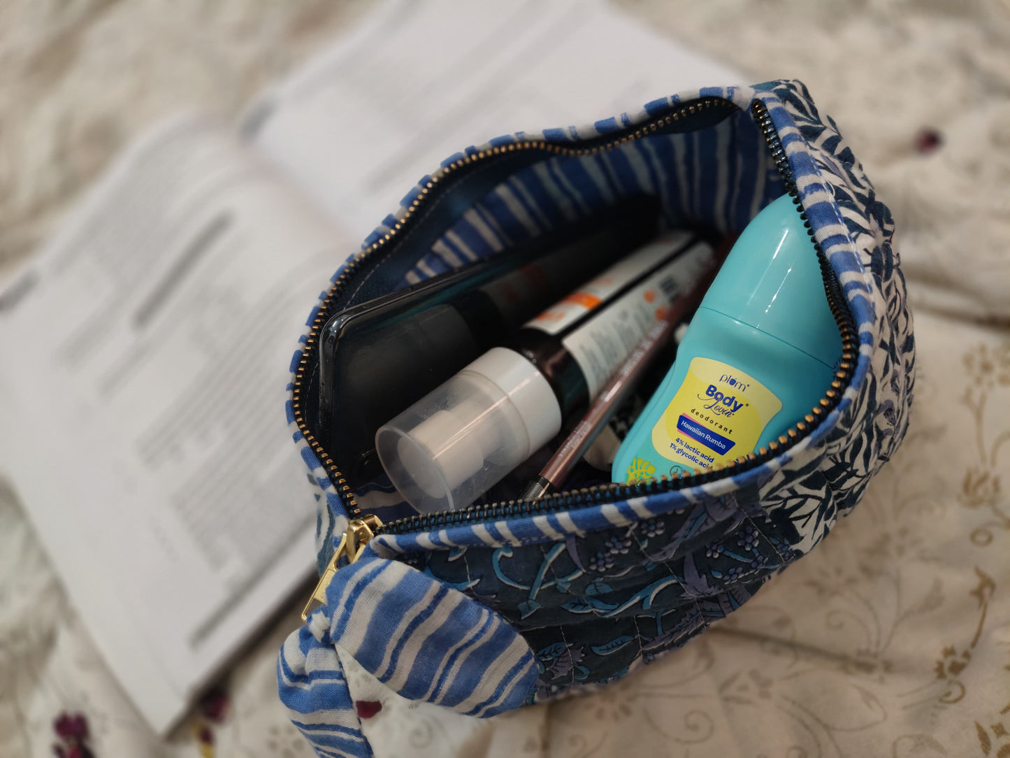 Hand Block Printed Quilted Hand Pouch Bag– Jungle Blue