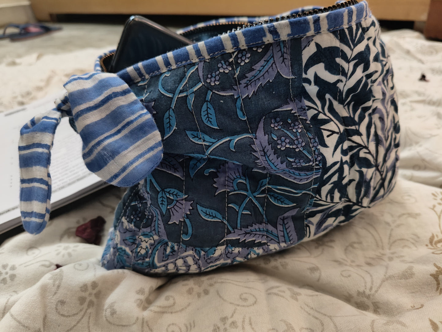 Hand Block Printed Quilted Hand Pouch Bag– Jungle Blue