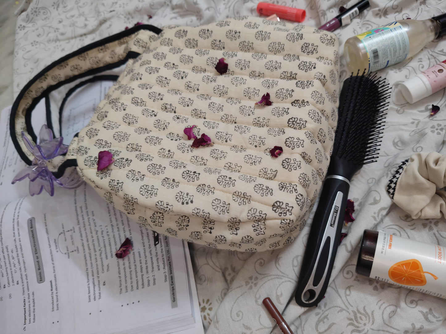 Hand Block Printed Quilted Hand Bag – Classic Ivory Bloom
