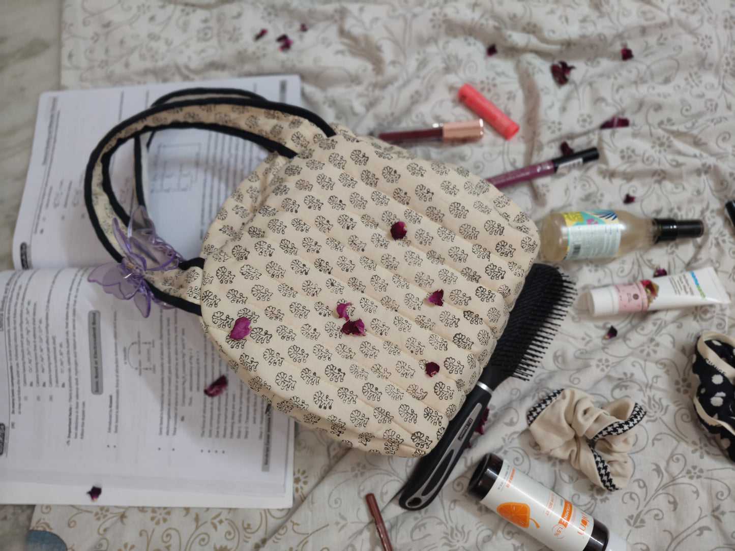Hand Block Printed Quilted Hand Bag – Classic Ivory Bloom
