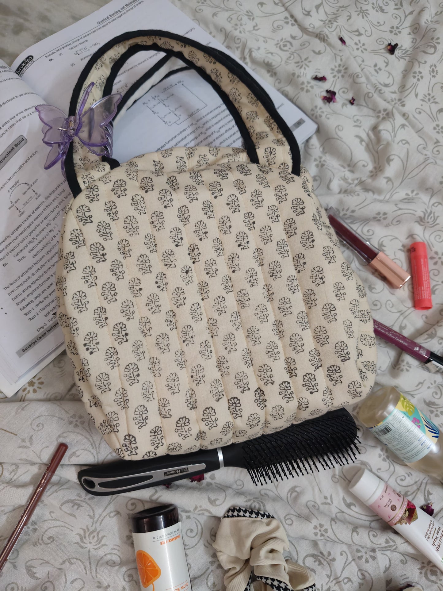 Hand Block Printed Quilted Hand Bag – Classic Ivory Bloom