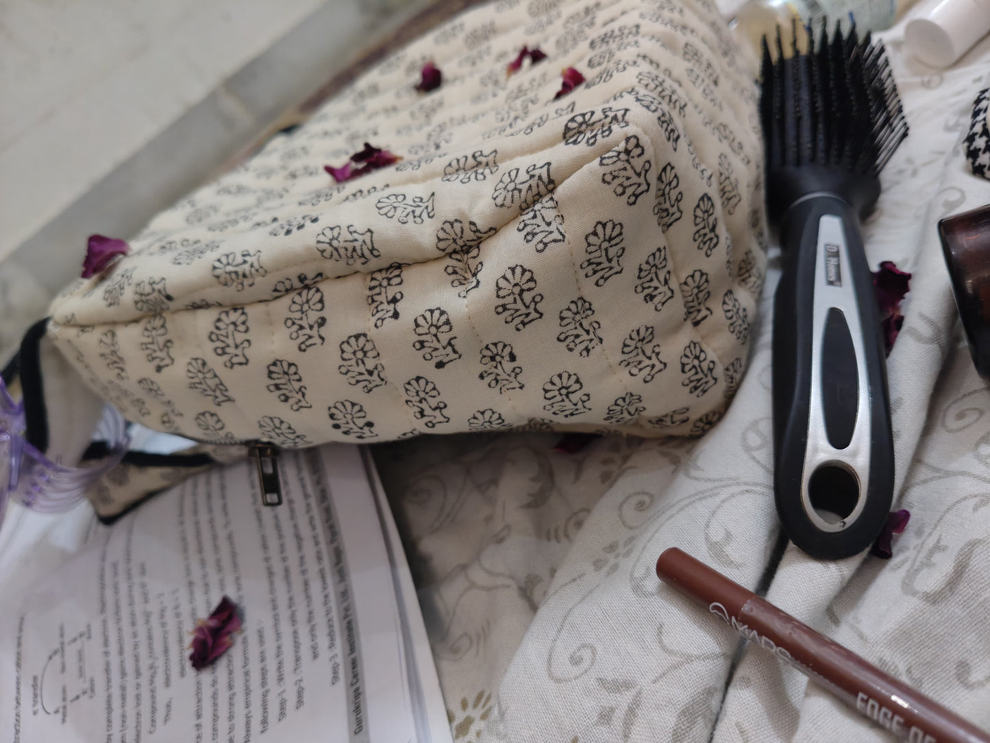 Hand Block Printed Quilted Hand Bag – Classic Ivory Bloom
