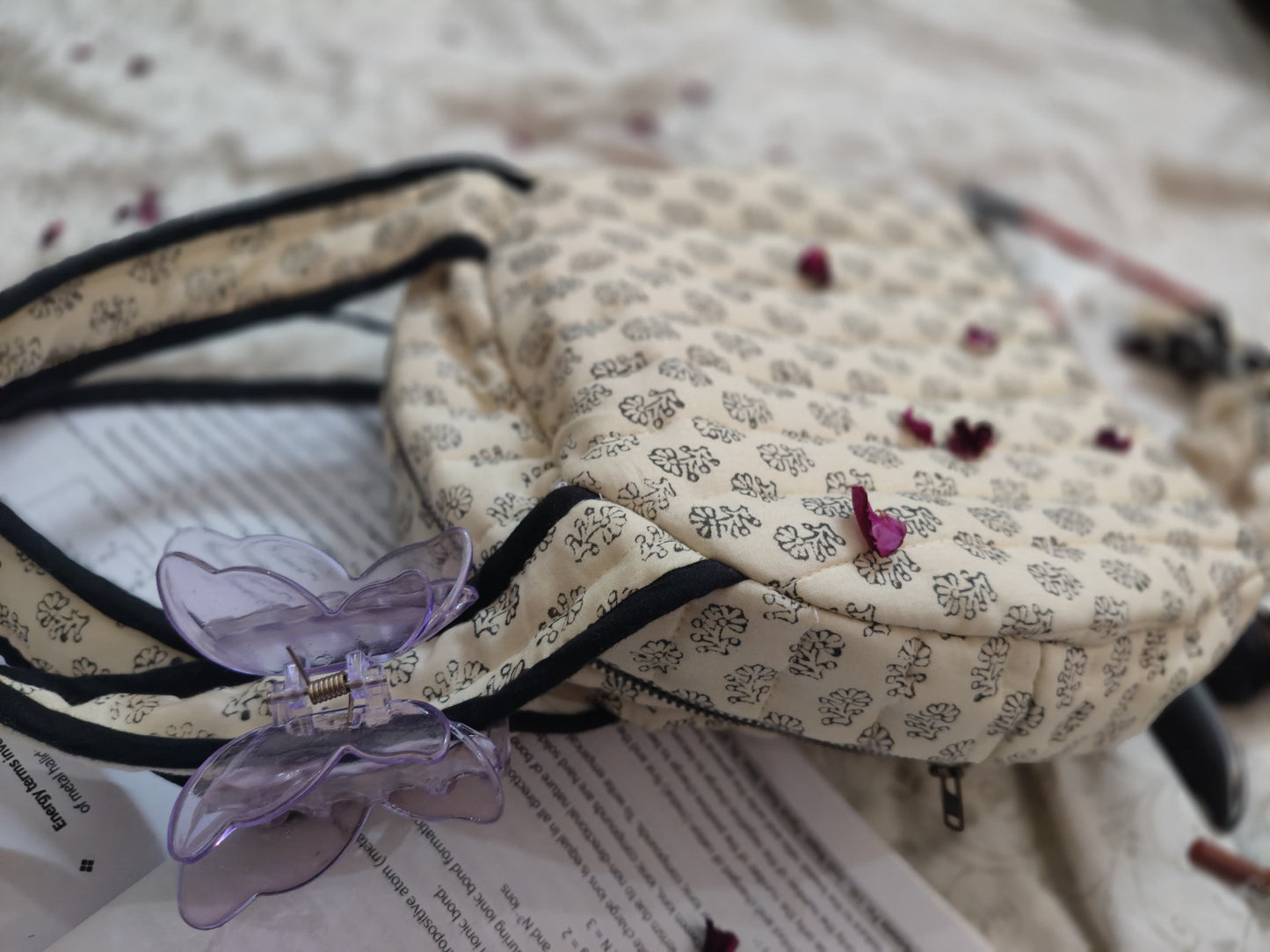 Hand Block Printed Quilted Hand Bag – Classic Ivory Bloom
