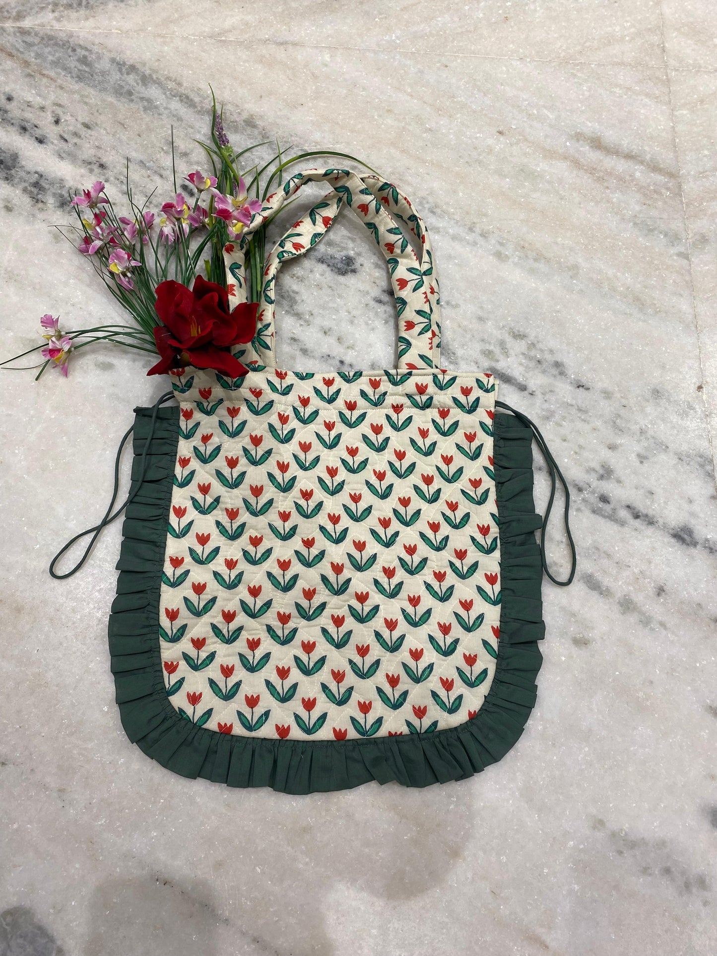 Quilted Hand block Printed Tote Bag with Frill β 100% Cotton | 34x38 cm