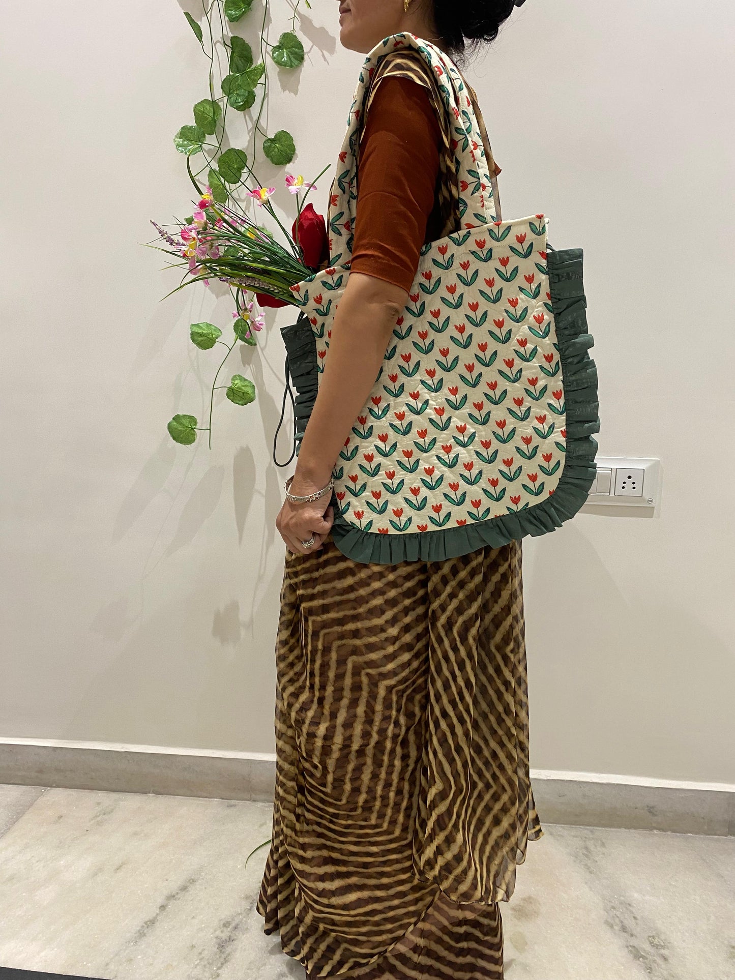 Quilted Hand block Printed Tote Bag with Frill β 100% Cotton | 34x38 cm