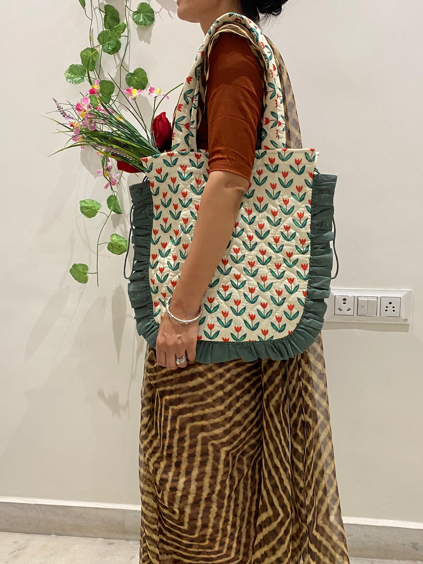Quilted Hand block Printed Tote Bag with Frill β 100% Cotton | 34x38 cm