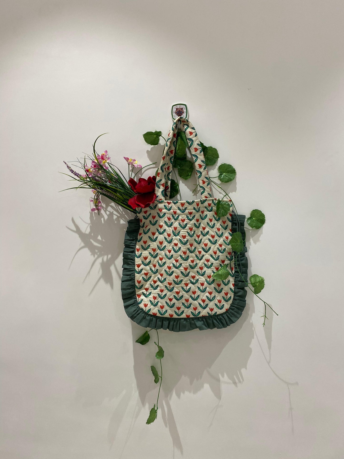 Quilted Hand block Printed Tote Bag with Frill β 100% Cotton | 34x38 cm