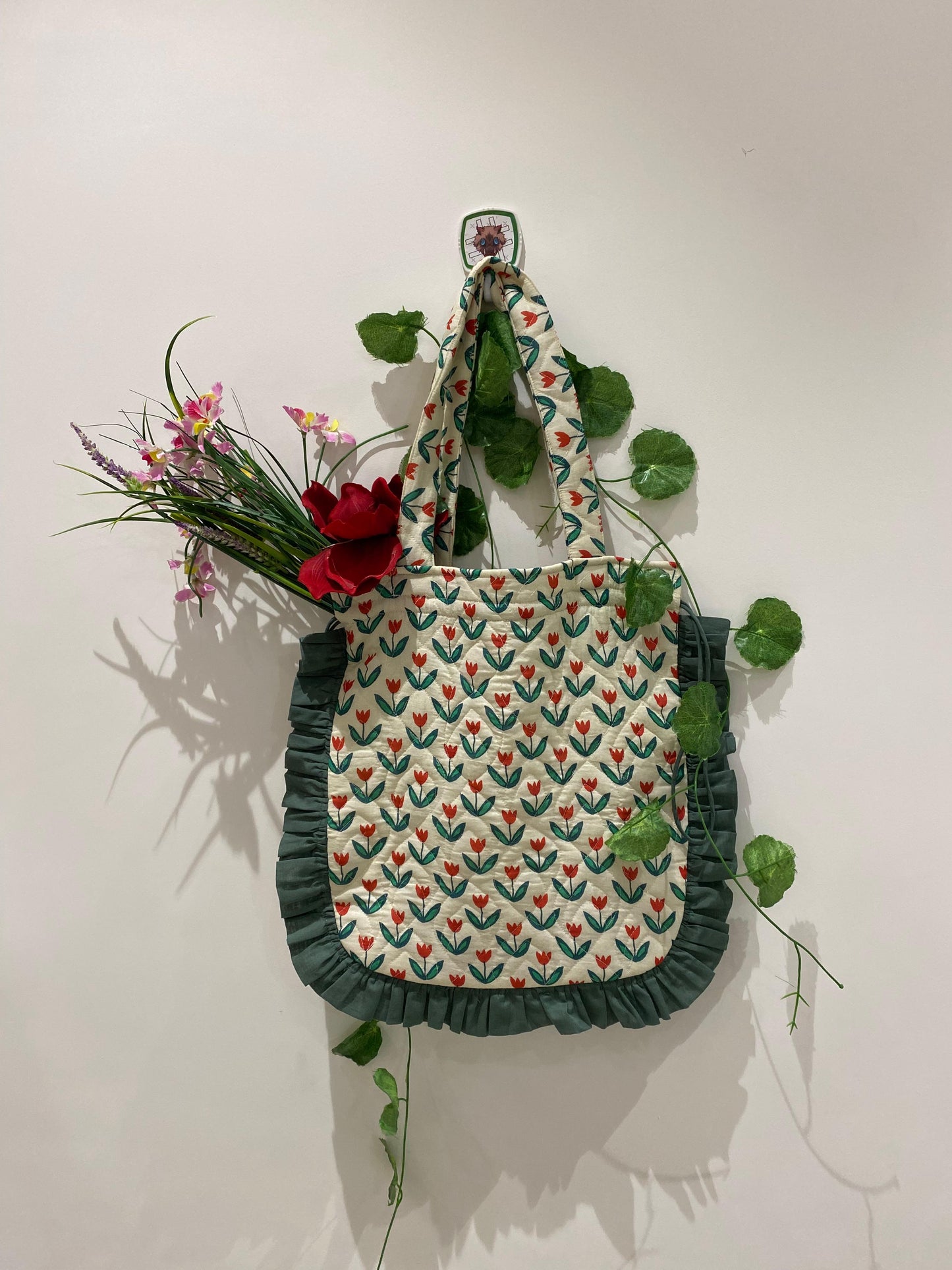 Quilted Hand block Printed Tote Bag with Frill β 100% Cotton | 34x38 cm