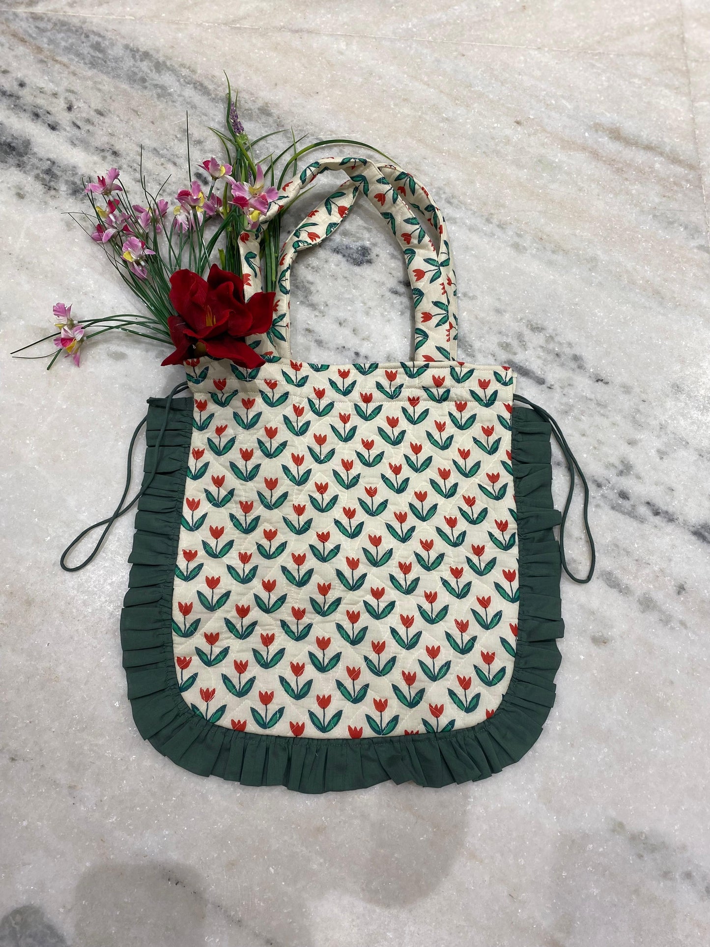 Quilted Hand block Printed Tote Bag with Frill β 100% Cotton | 34x38 cm