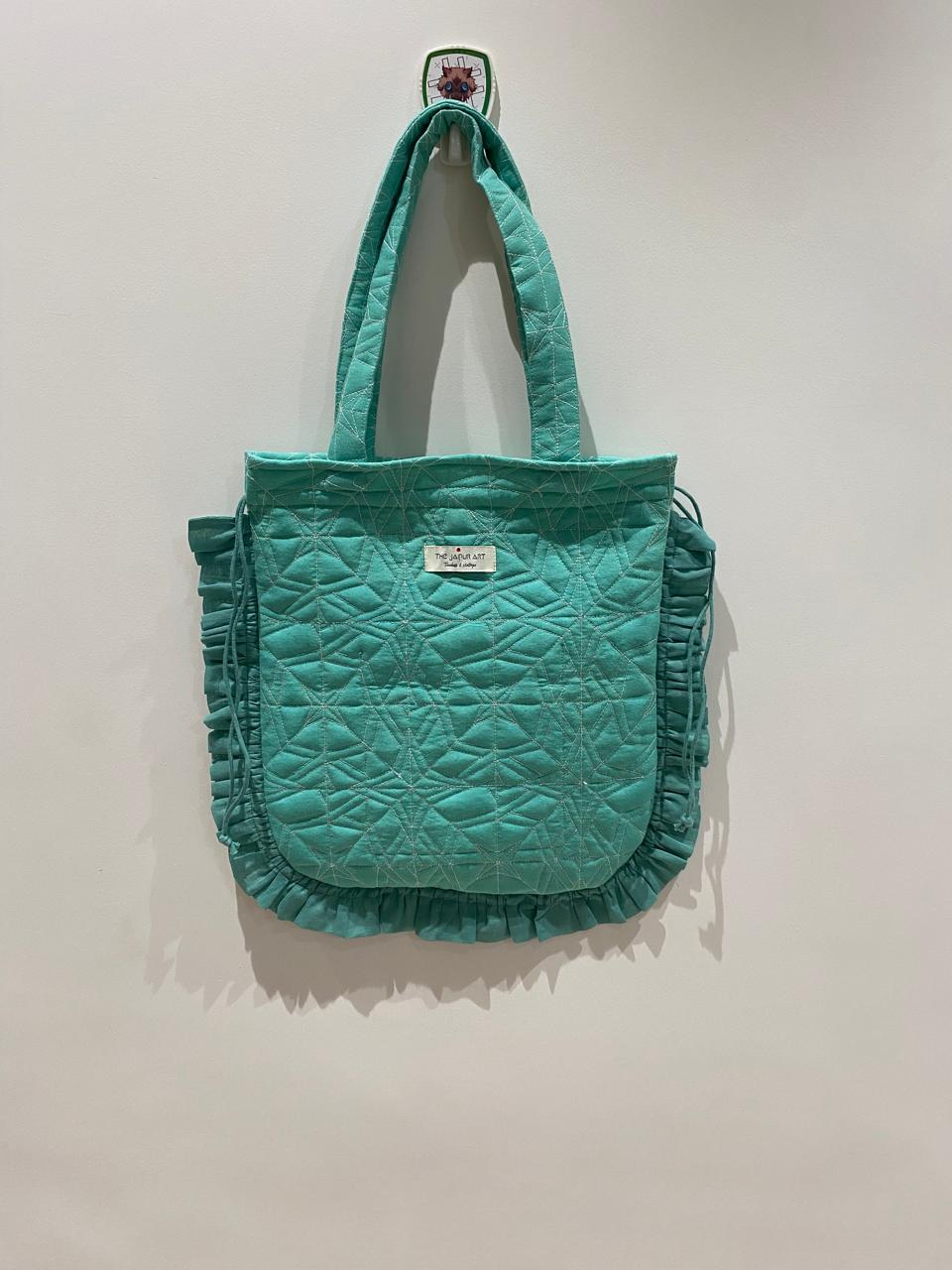 Quilted Hand block Printed Tote Bag with Frill β 100% Cotton | 34x38 cm