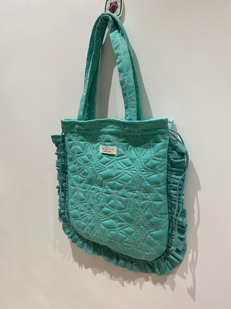 Quilted Hand block Printed Tote Bag with Frill β 100% Cotton | 34x38 cm