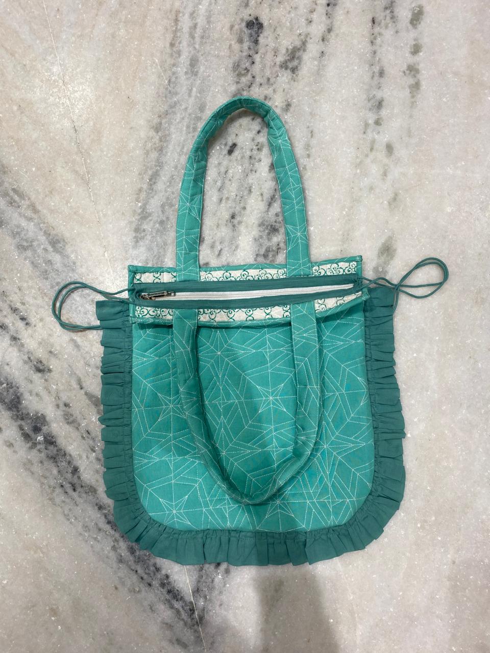 Quilted Hand block Printed Tote Bag with Frill β 100% Cotton | 34x38 cm