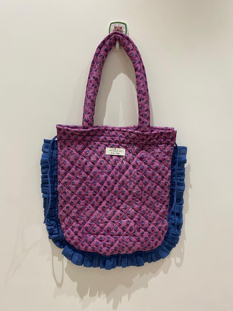 Quilted Hand block Printed Tote Bag with Frill β 100% Cotton | 34x38 cm
