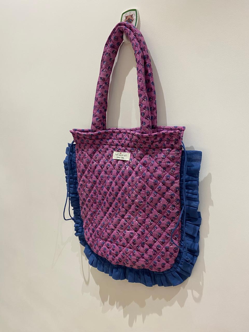 Quilted Hand block Printed Tote Bag with Frill β 100% Cotton | 34x38 cm