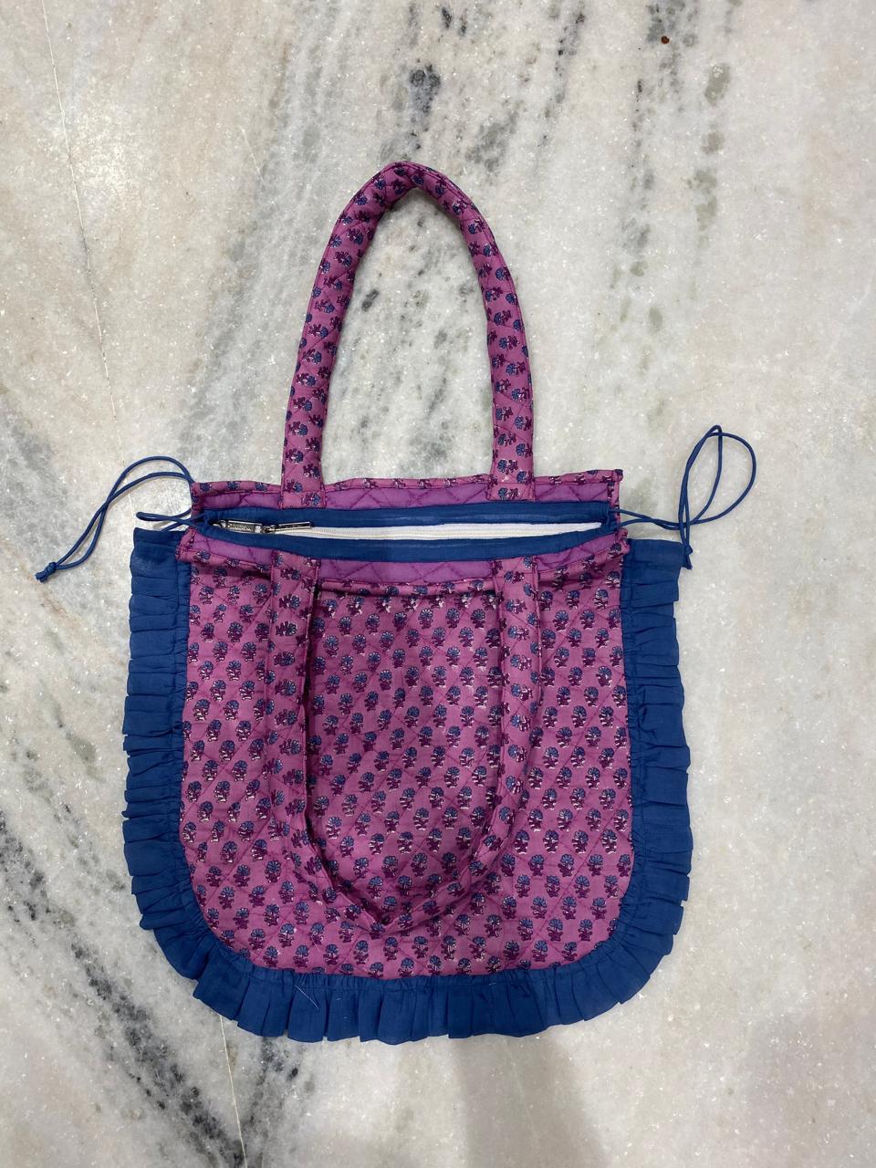 Quilted Hand block Printed Tote Bag with Frill β 100% Cotton | 34x38 cm