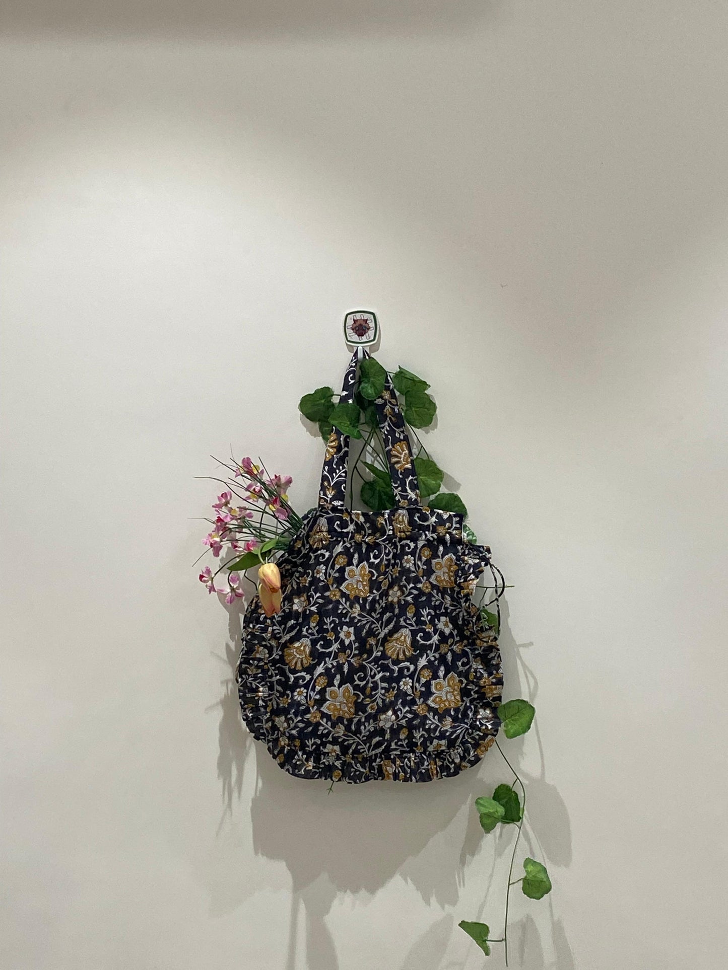 Hand block Cotton Tote Bag – Black & Mustard Floral with Frill | 34x38 cm