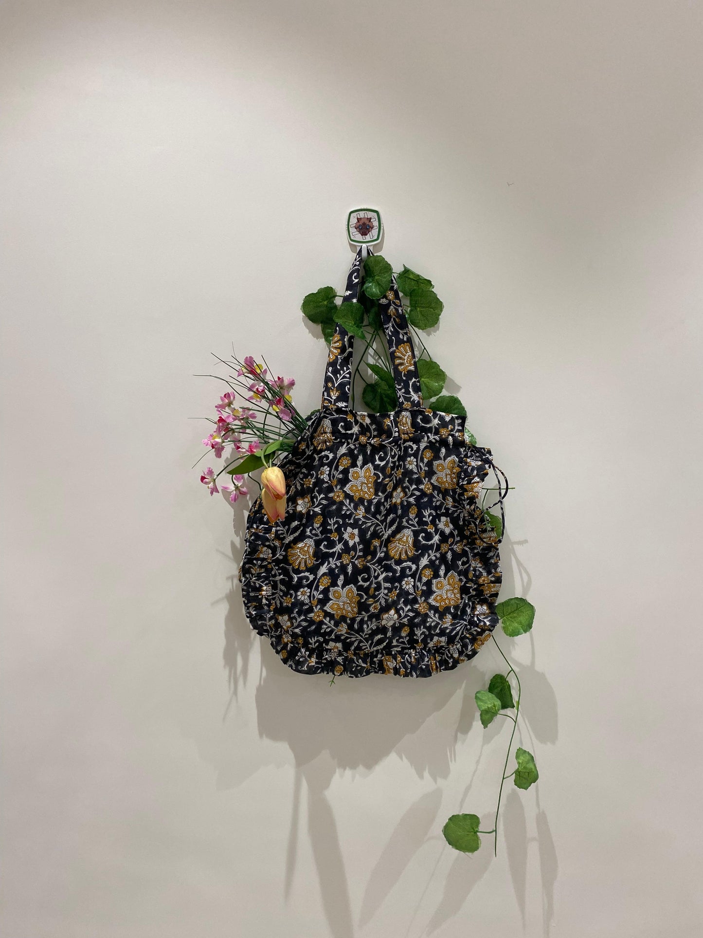Hand block Cotton Tote Bag – Black & Mustard Floral with Frill | 34x38 cm
