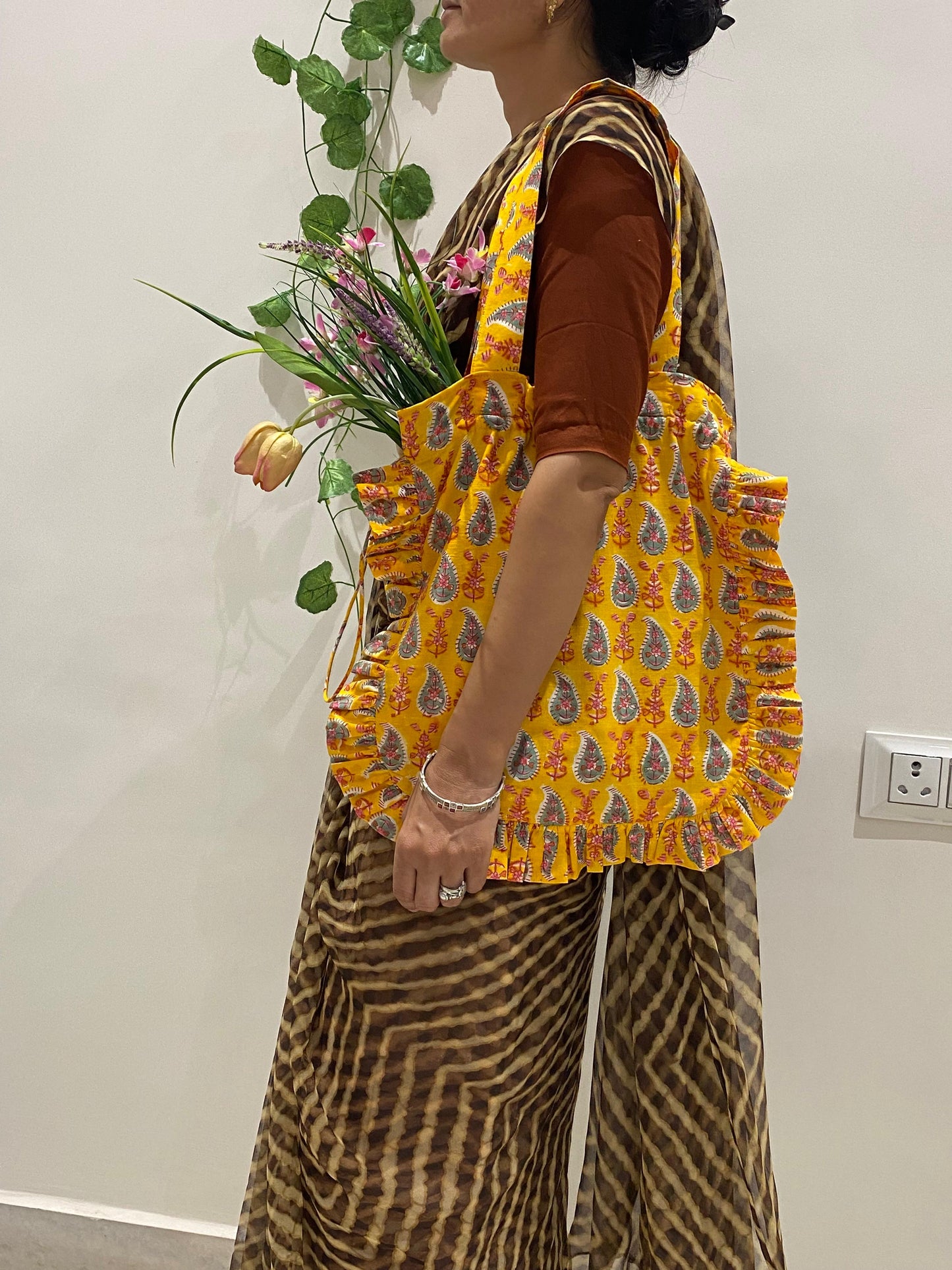 Hand block Cotton Tote Bag – Yellow Paisley Floral with Frill | 34x38 cm