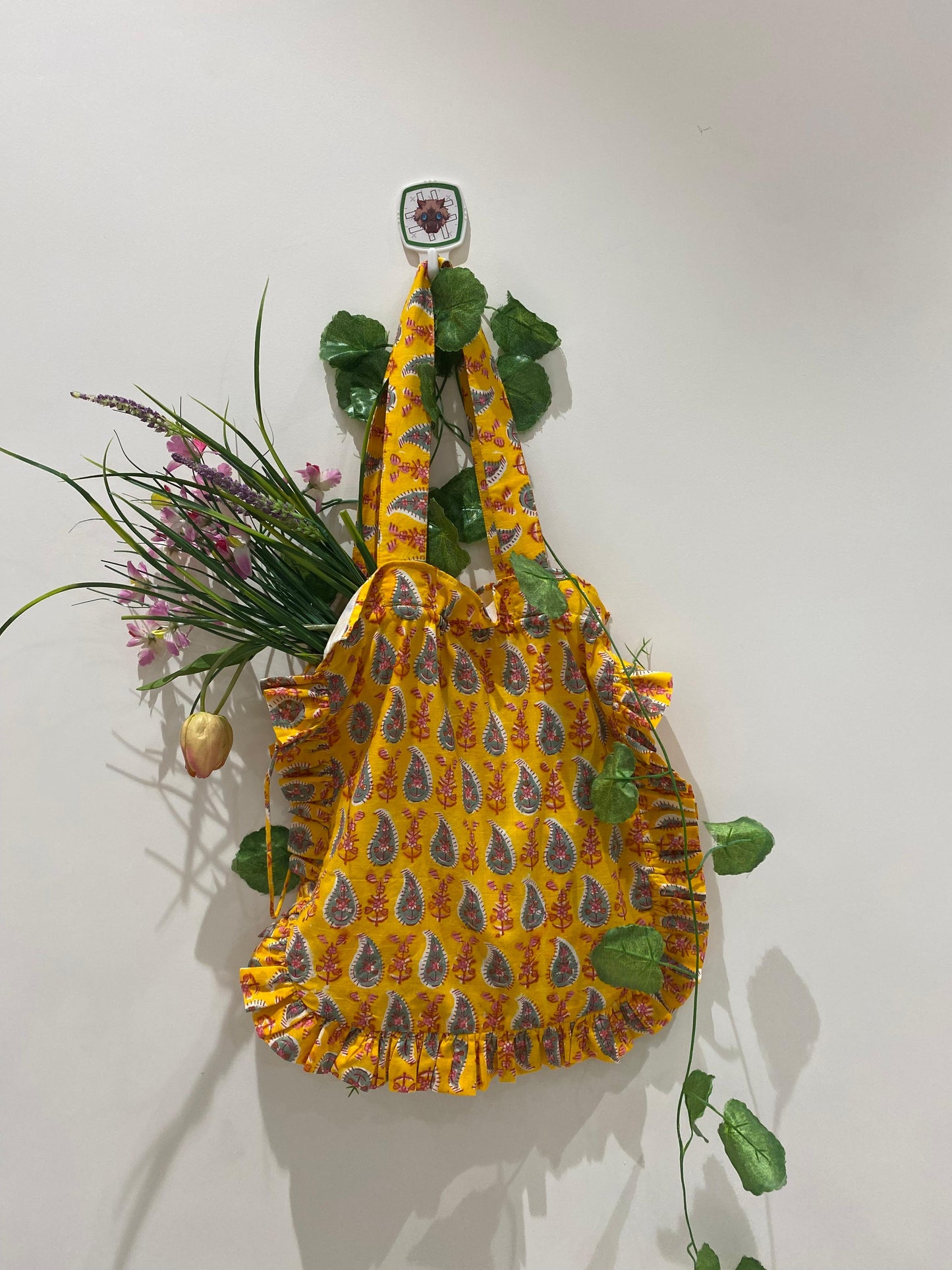 Hand block Cotton Tote Bag – Yellow Paisley Floral with Frill | 34x38 cm