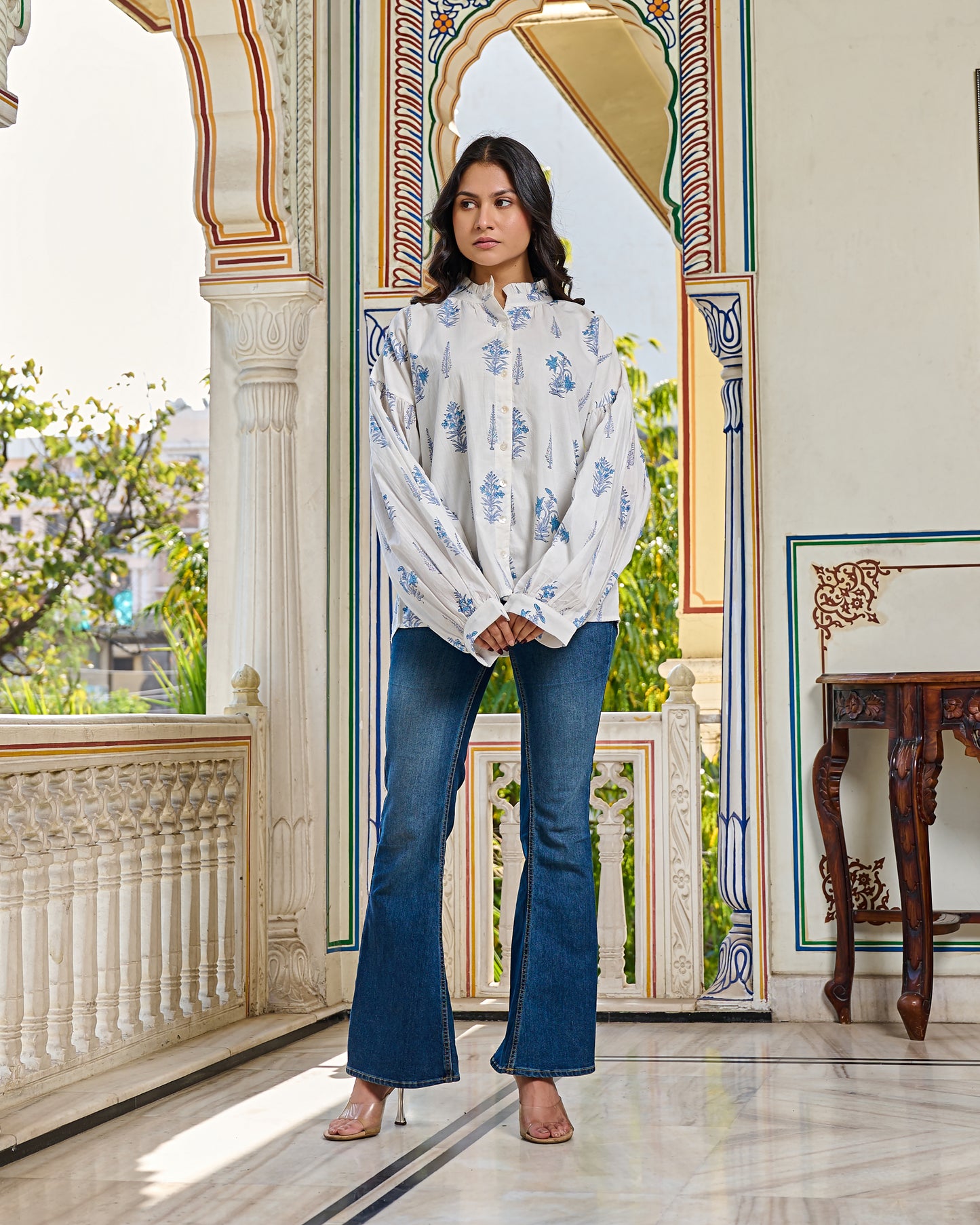 Elegant Hand Block Printed Cotton Top – White, Full Sleeves, Button Closure