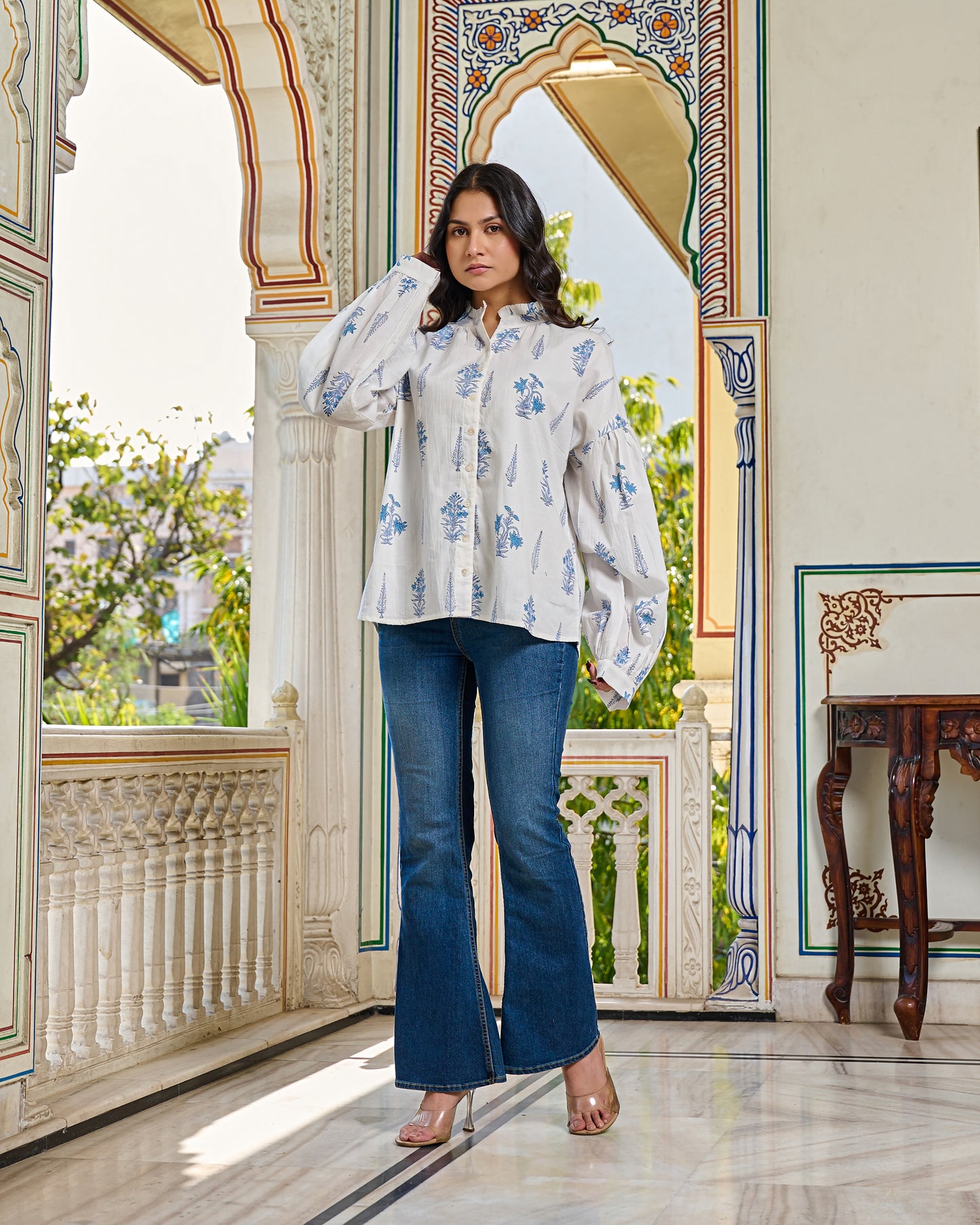 Elegant Hand Block Printed Cotton Top – White, Full Sleeves, Button Closure