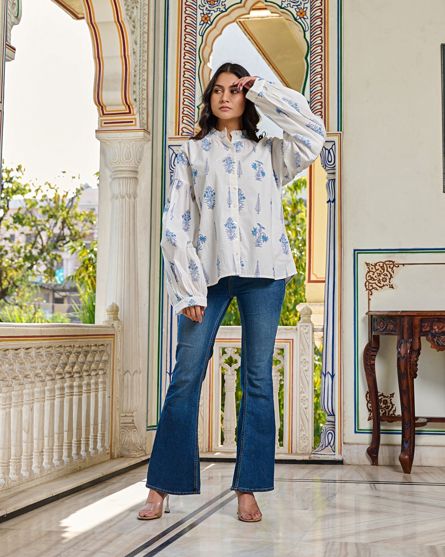 Elegant Hand Block Printed Cotton Top – White, Full Sleeves, Button Closure