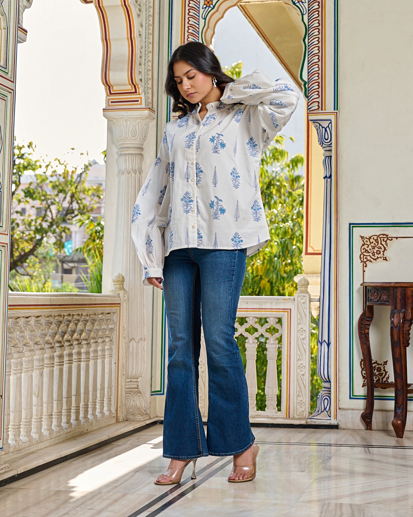 Elegant Hand Block Printed Cotton Top – White, Full Sleeves, Button Closure