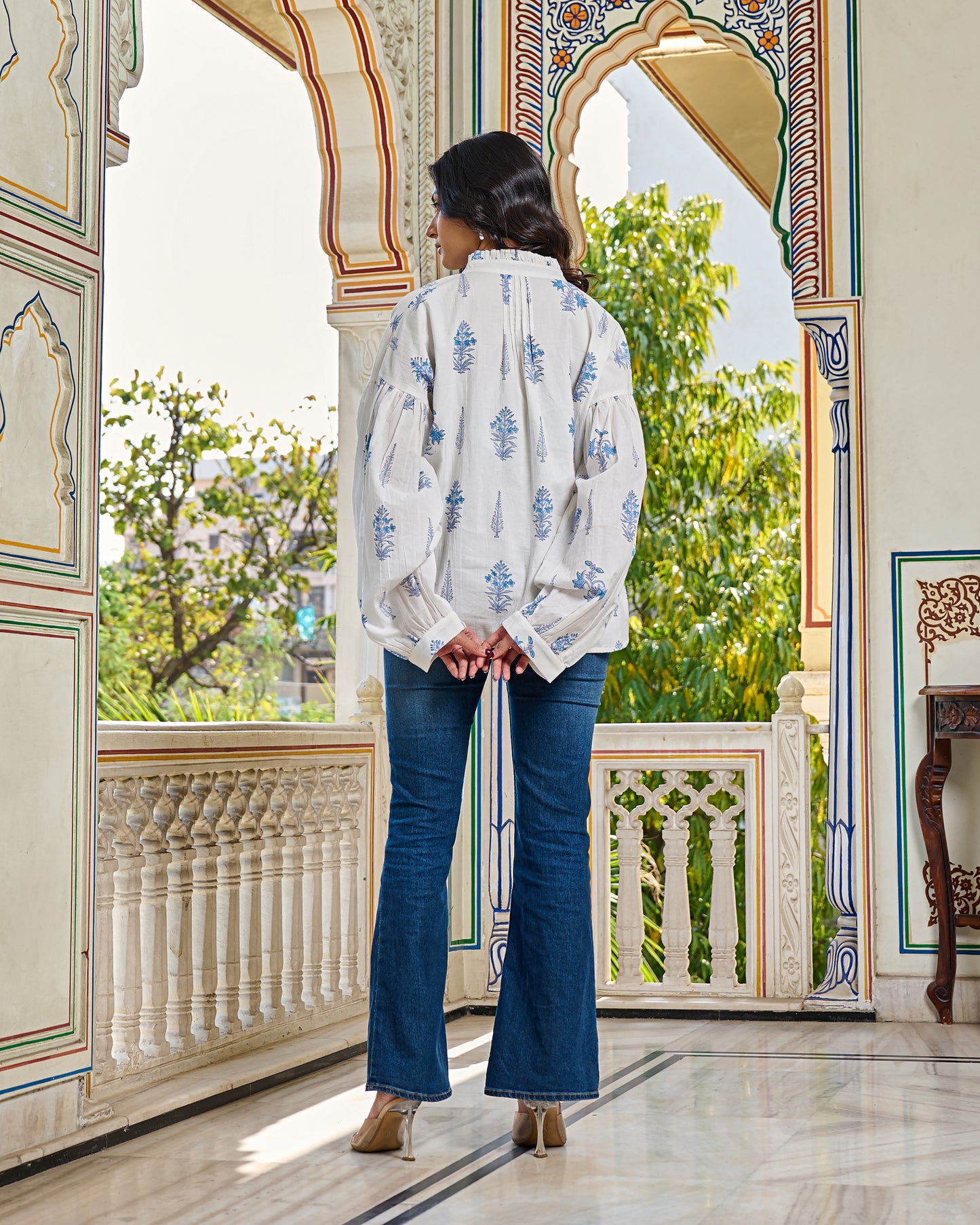 Elegant Hand Block Printed Cotton Top – White, Full Sleeves, Button Closure
