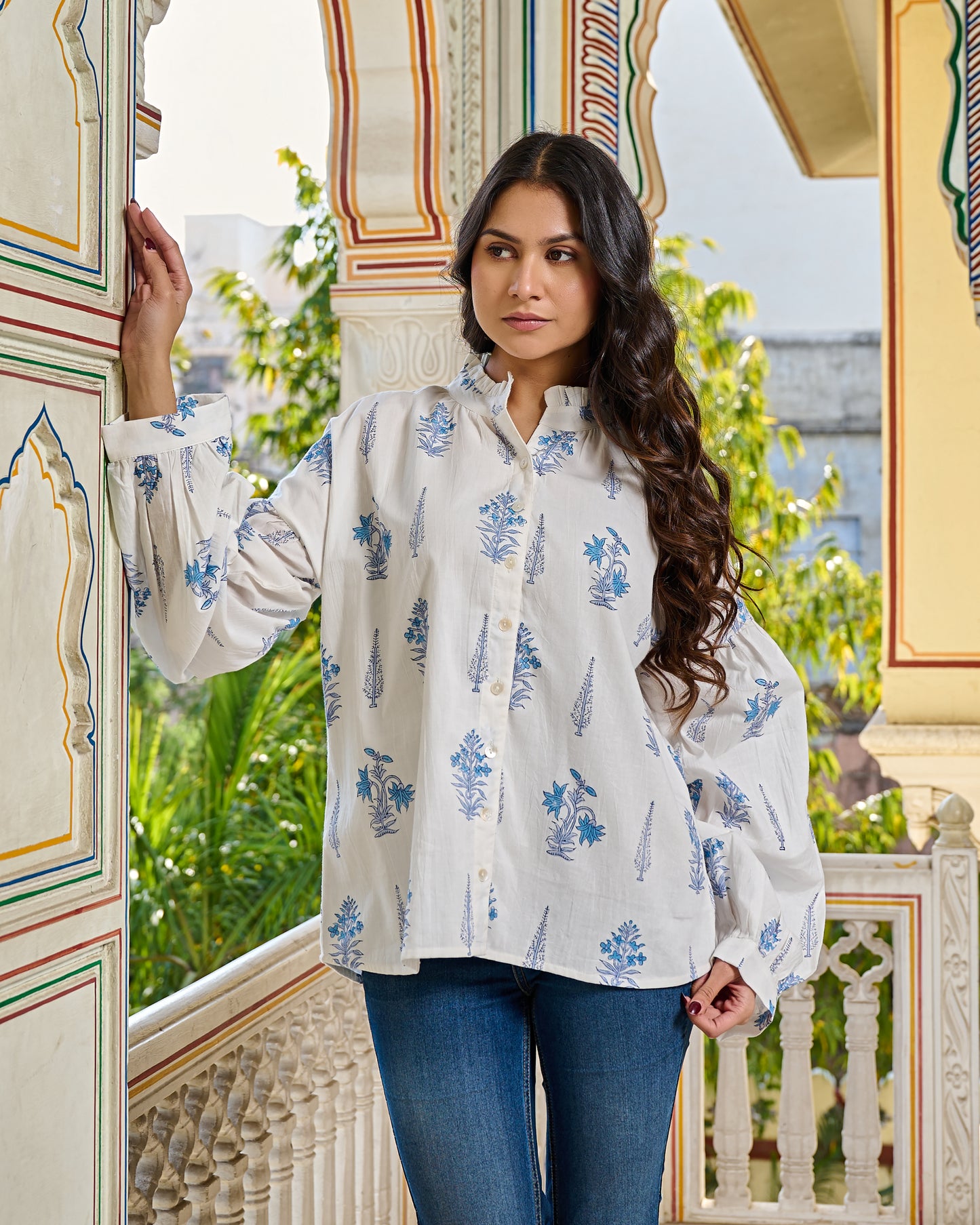 Elegant Hand Block Printed Cotton Top – White, Full Sleeves, Button Closure