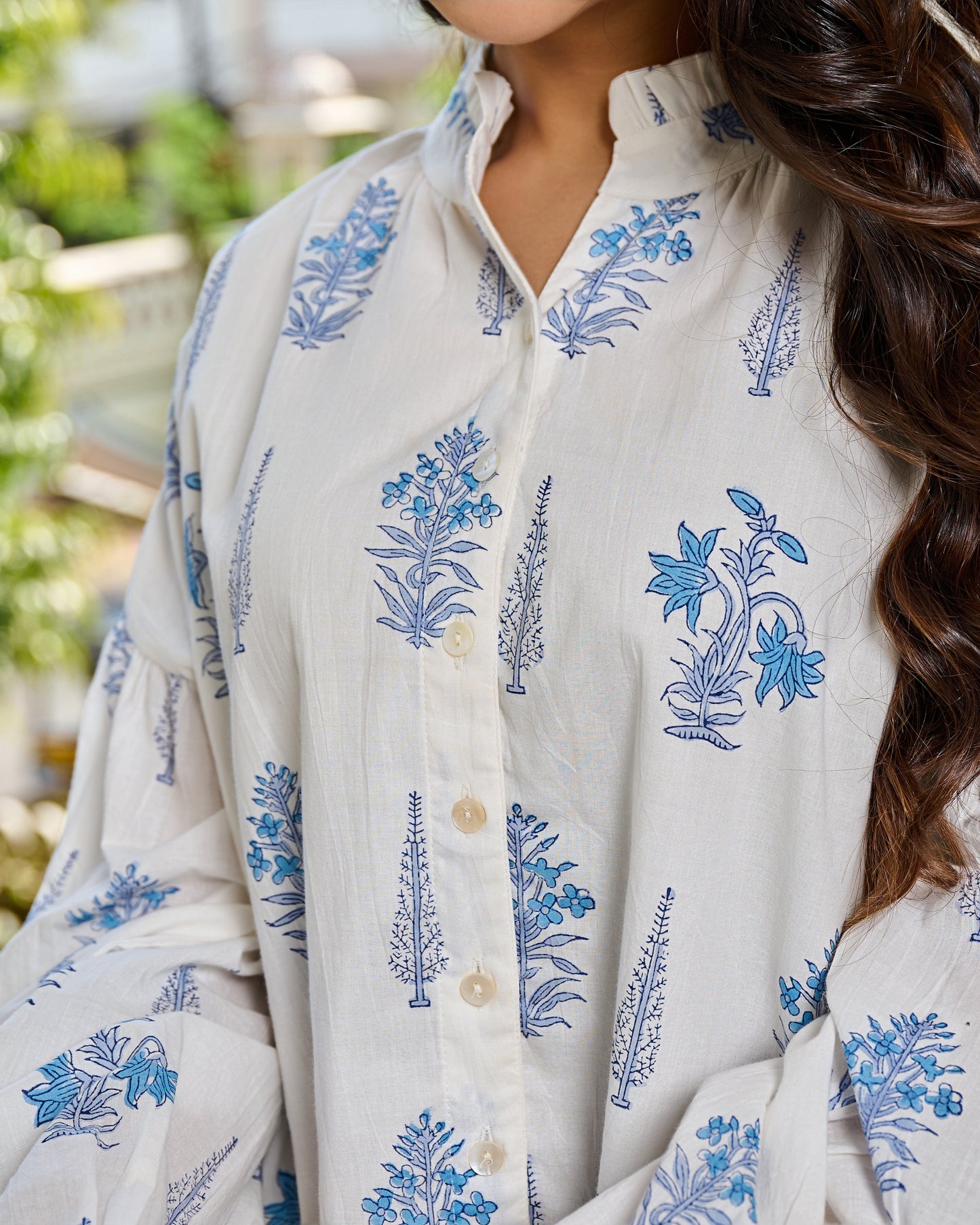 Elegant Hand Block Printed Cotton Top – White, Full Sleeves, Button Closure