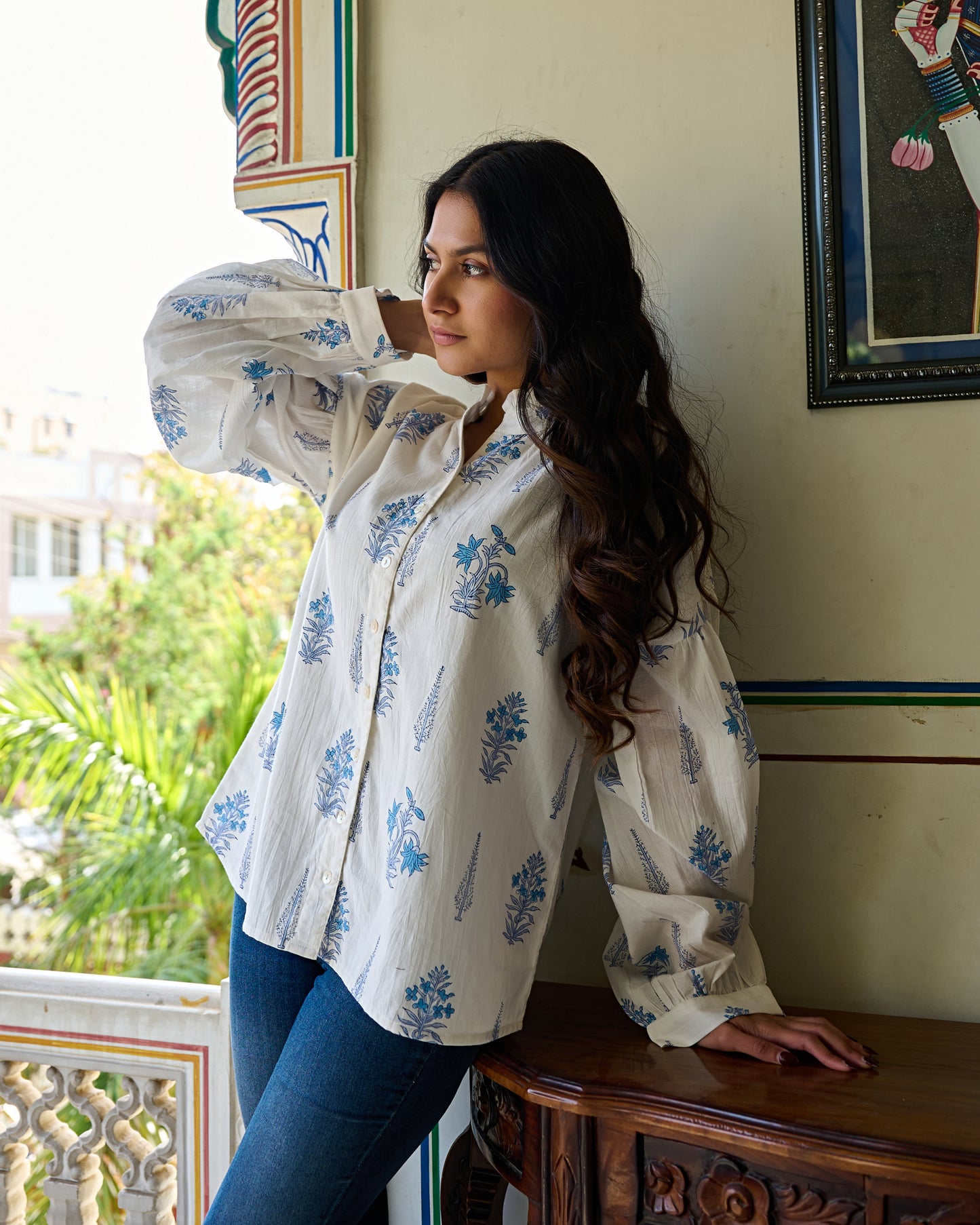 Elegant Hand Block Printed Cotton Top – White, Full Sleeves, Button Closure