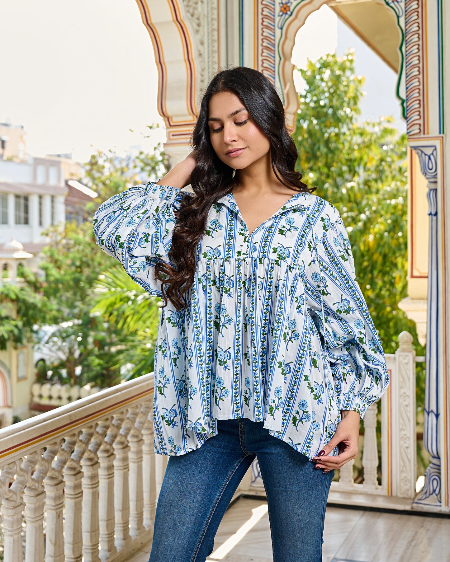 Hand Block Printed Cotton Peplum Top V Neck with Tie Up, 3/4 Sleeves
