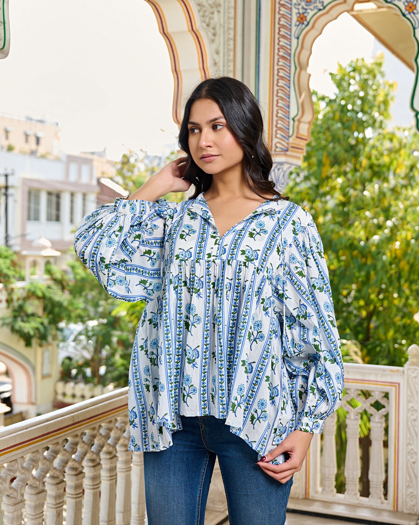 Hand Block Printed Cotton Peplum Top V Neck with Tie Up, 3/4 Sleeves